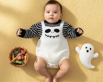 Custom Name Baby Halloween Jumpsuit, Embroidered Striped Romper, Minimalist Fall Baby Costume, Newborn First Halloween, Personalized Gift