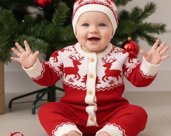 Pelele de bebé estilo bohemio con diseño de reno y nombre personalizado, mono de punto moderno y vintage con gorro, conjunto de invierno de calidad excepcional para fotografía.