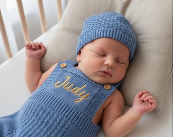Tutina personalizzata per neonato con nome, completo per neonato ricamato su misura, tutina in maglia per neonato/a, regalo per baby shower, set per il rientro a casa