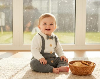 Custom Name Back Baby Boy Knit Suspender Romper, Boho Neutral Christmas Outfit for Newborn, Machine Embroidered Heirloom Formal Suit Set