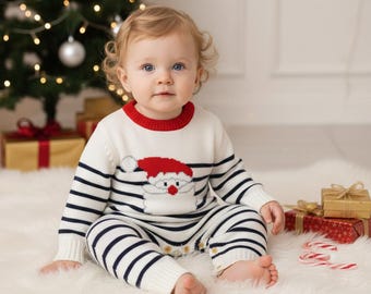 Custom Name Santa Romper,Embroidered Baby Jumpsuit for Holiday Photos,Modern Vintage Christmas Knitwear,Personalized Toddler Xmas Gift Ideas