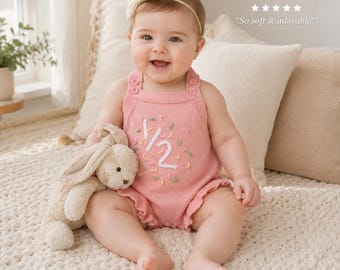 Roze gebreide romper voor halve verjaardag, babymeisje 6 maanden cake Smash-outfit, geborduurde 1/2 strooi mijlpaalfoto's en verjaardagscadeau