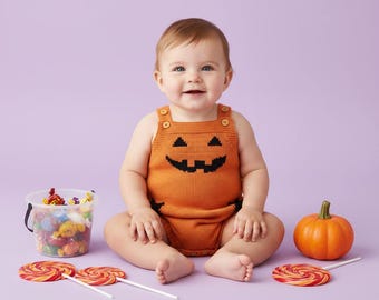 Vintage Jack O Lantern Baby Romper Personalized Name on Back, Retro Chunky Knit Halloween Outfit, Newborn Toddler Autumn Photo Prop
