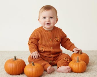Machine Embroidered Back Name Heirloom Romper, 3D Pumpkin Baby Boy Jumpsuit, Vintage Knit Fall Outfit, Personalized Autumn Clothing