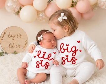 Big Sis Lil Sis Knit Sweater Set, Valentine Baby Girl Sister Outfit, Hand Embroidered Pink Birthday Gift for Matching Photoshoots Party