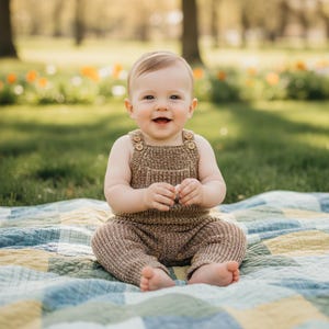 Peto de bebé de punto acanalado personalizado estilo nórdico minimalista, mono con nombre bordado personalizado, ropa cómoda de otoño e invierno en tonos neutros.