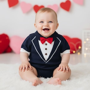Custom Name Back Ring Bearer Bodysuit | Vintage Navy Baby Boy Tuxedo Romper | Personalized Page Boy Wedding Outfit & Boho Shower Gift
