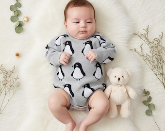 Custom Embroidered Penguin Baby Romper, Heirloom Quality Knit First Birthday Outfit, Precision Machine Stitched Back Name Jumpsuit