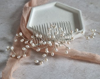 Silver Pearl Bridal Comb | Floral Wedding Hair Comb | Freshwater Real Pearls | Pearl Wedding Hair Accessory