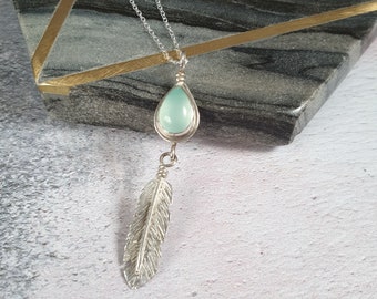 Blue Chalcedony Feather Necklace - Blue Gemstone Sterling Silver Feather Design Necklace