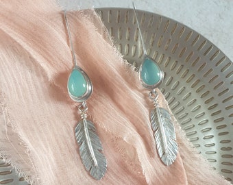 Blue Chalcedony Feather Drop Earrings - Handmade Silver Feather Dangle Earrings - Turquoise Coloured Stone Earrings