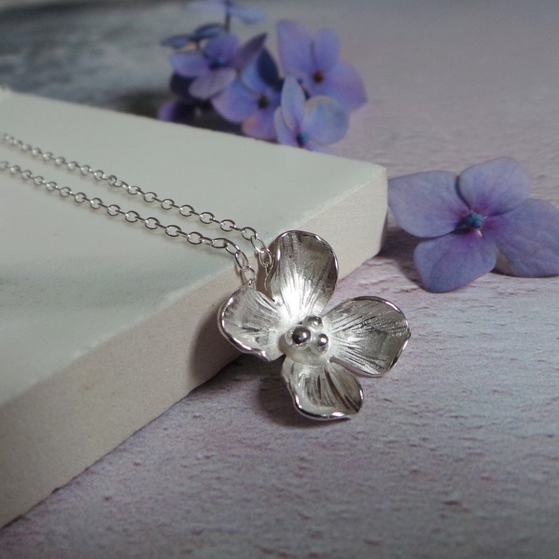 Silver Hydrangea Necklace Sterling Flower Pendant 4th Anniversary Gift For Her image 1