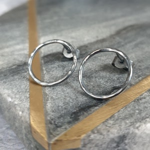 Small Circle Stud Earrings Hammered Silver Studs Sterling Silver Hoop Stud Earrings image 6