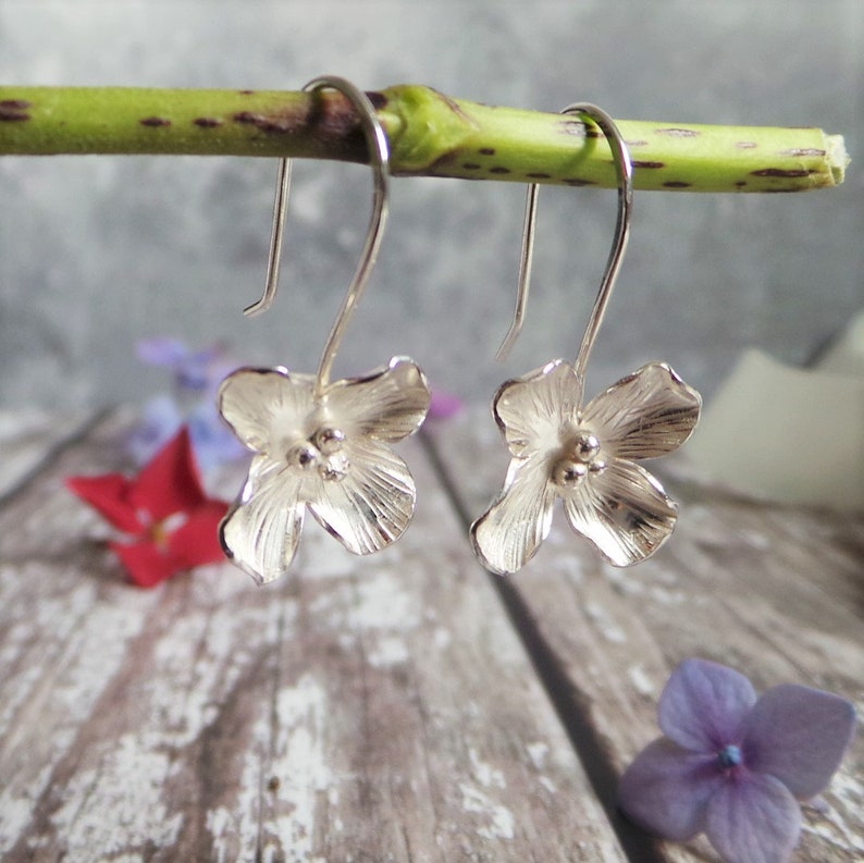 Silver Hydrangea Earrings Handmade Flower Drop Earrings Gift For Her image 3