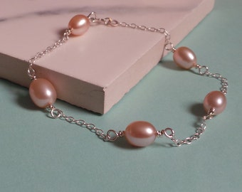 Pink Freshwater Pearl Bracelet - Wedding Bracelet - Natural Pink Pearls - Bridesmaid Gift - Bridal Handmade Silver Jewellery - Etsy UK