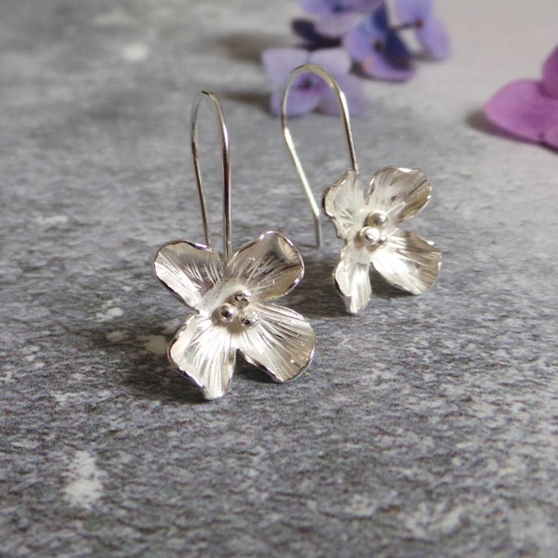 Silver Hydrangea Earrings Handmade Flower Drop Earrings Gift For Her image 2