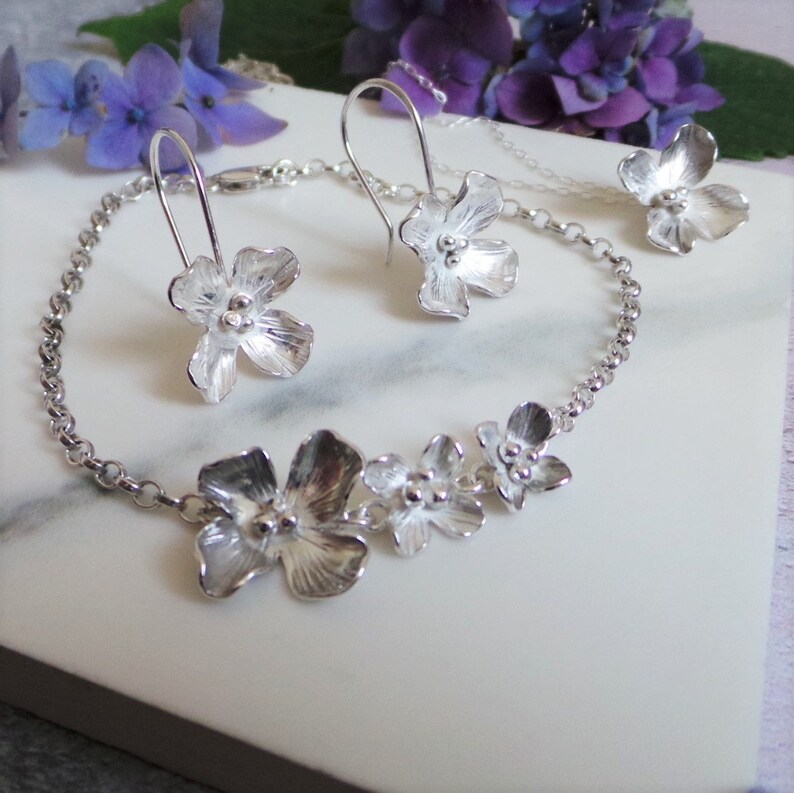 Silver Hydrangea Earrings Handmade Flower Drop Earrings Gift For Her image 6