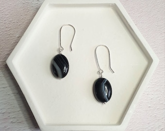 Black Striped Gemstone Earrings - Handmade Black and White Agate Drop Earrings - Silver Dangly Earrings