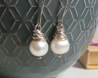 Freshwater Pearl Silver Earrings - Pearl Sterling Silver Bridal Earrings - Bridesmaids Gift - Valentine Gift - Wedding Etsy UK - WireWrapped