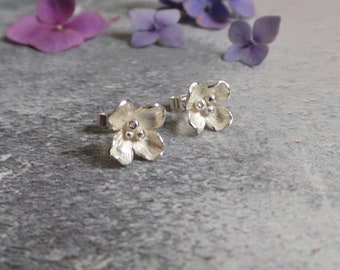 Silver Hydrangea Stud Earrings - Floral Sterling Silver Studs - Handmade Silver Botanical Earrings