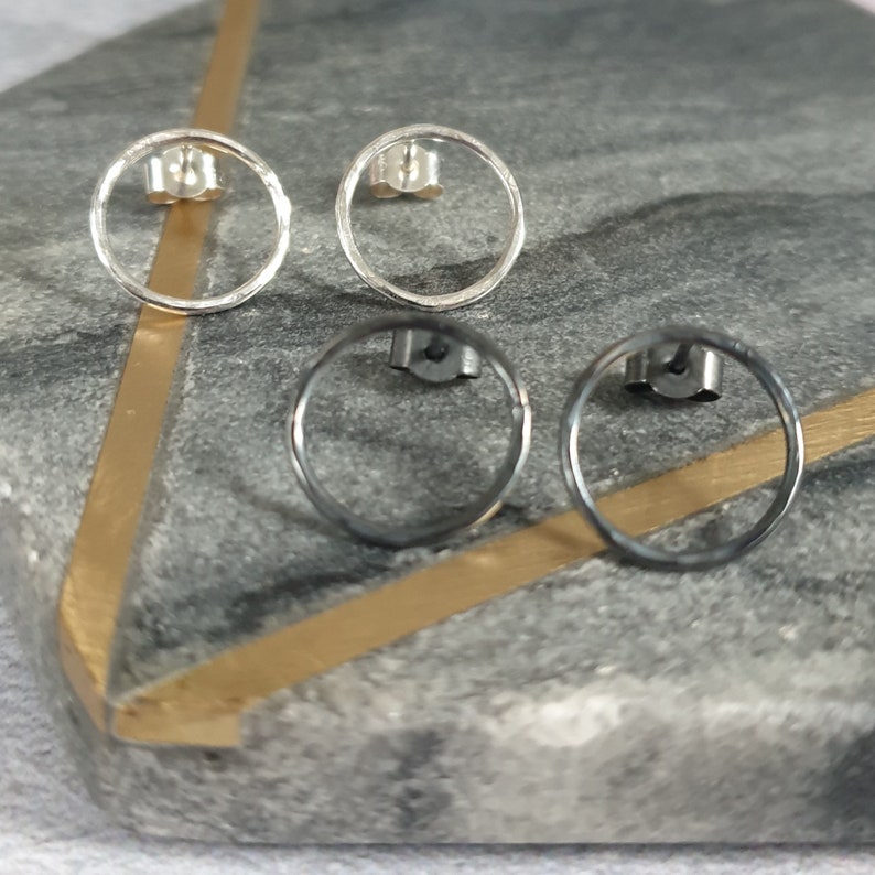 Small Circle Stud Earrings Hammered Silver Studs Sterling Silver Hoop Stud Earrings image 4