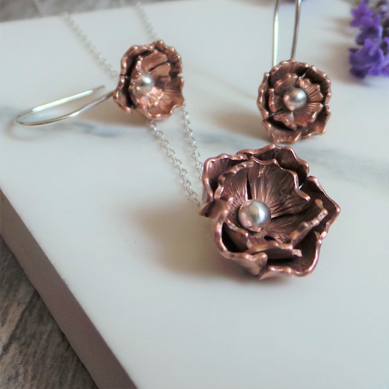 Copper Rose Necklace Sterling Silver And Copper Flower Necklace Autumnal Floral Pendant Autumn Copper Necklace Handmade Etsy UK image 8