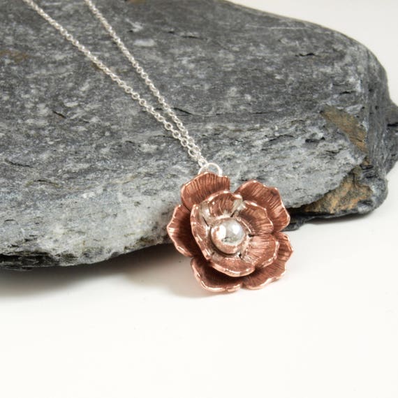 Copper Rose Necklace Sterling Silver and Copper Flower Necklace