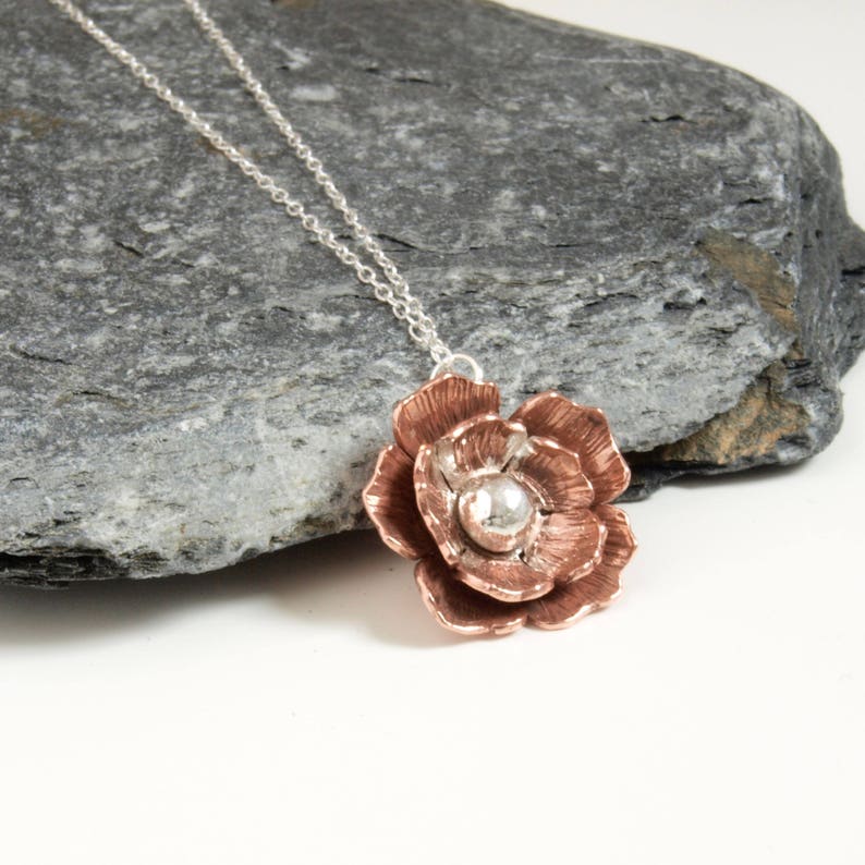 Copper Rose Necklace Sterling Silver And Copper Flower Necklace Autumnal Floral Pendant Autumn Copper Necklace Handmade Etsy UK image 2