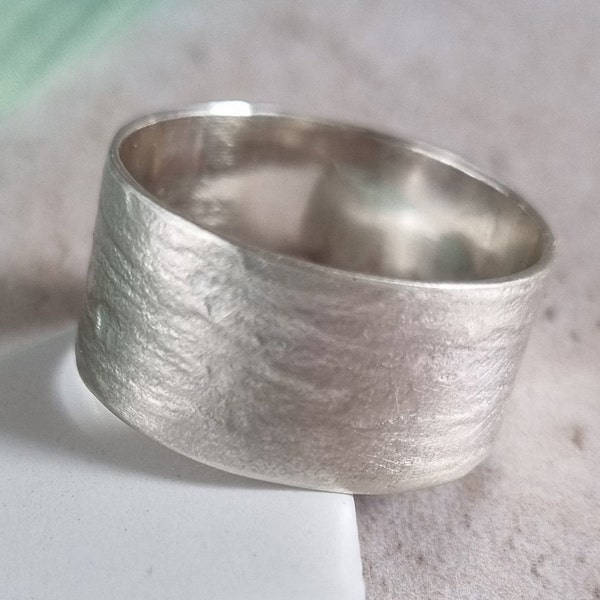 Wide Silver Ring | Organic Matt Silver Band | Cigar Band Ring | Matt Texture Unisex Ring