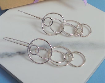 Hammered Circle Long Silver Earrings - Handmade Statement  Dangly Earrings - Artisan Silver Jewellery