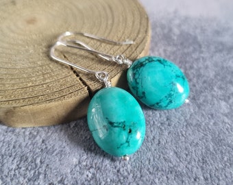 Turquoise Drop Earrings | Silver and Turquoise Gemstone Earrings | Handmade Oval Turquoise Bead Earrings