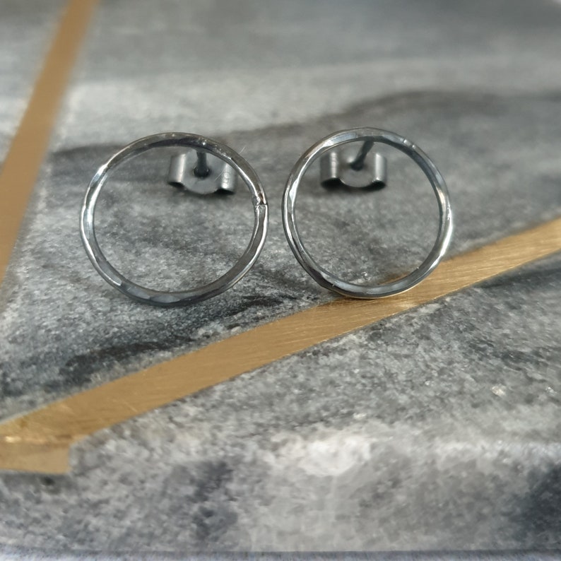 Small Circle Stud Earrings Hammered Silver Studs Sterling Silver Hoop Stud Earrings image 5