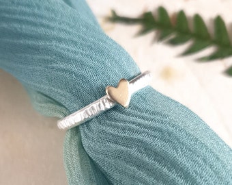 Gold Heart Silver Ring | Hammered Silver Stacking Ring | Solid Gold Love Heart Band