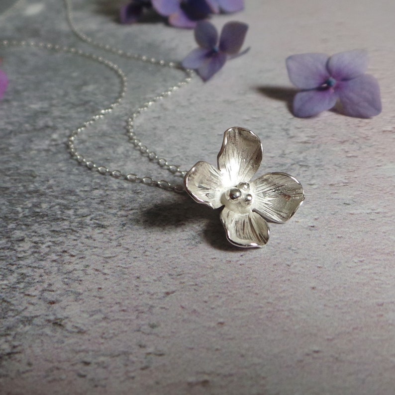 Silver Hydrangea Necklace Sterling Flower Pendant 4th Anniversary Gift For Her image 2