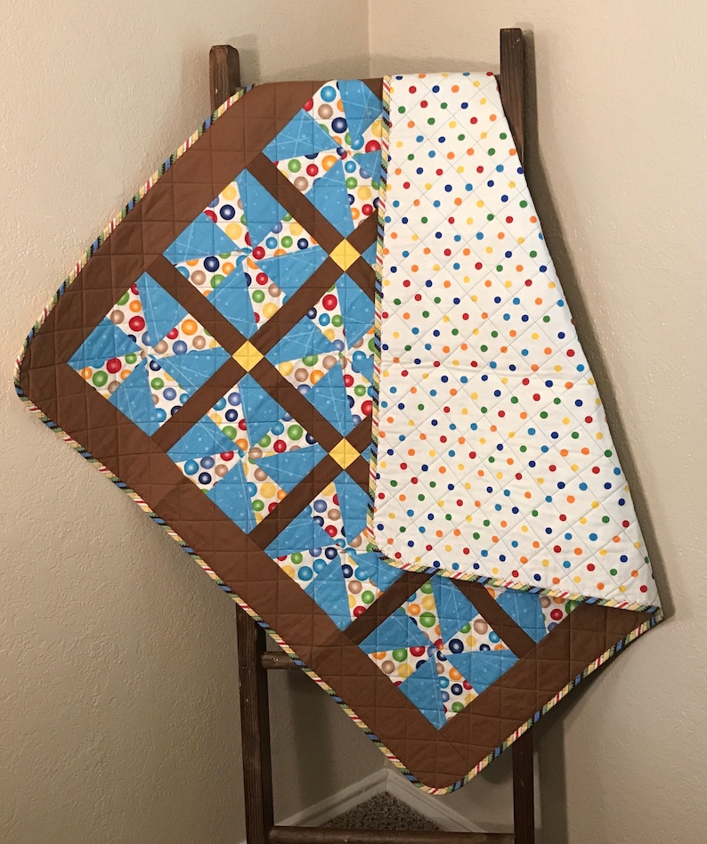 Primary Colored Polka Dots and Chocolate Brown Are Little Boy Perfect In This 41 X 41 Quilt PinwheelsWhirligigs