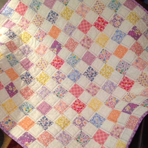 1930's Reproduction Fabrics and More, Are Bright And Cheerful In This Postage Stamp Design 31.5" X 34" Quilt For Baby