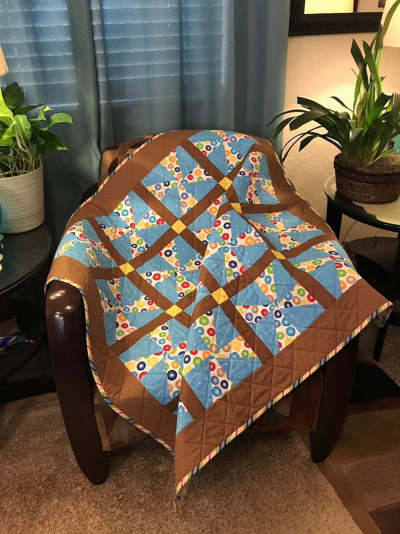Primary Colored Polka Dots and Chocolate Brown Are Little Boy Perfect In This 41 X 41 Quilt PinwheelsWhirligigs
