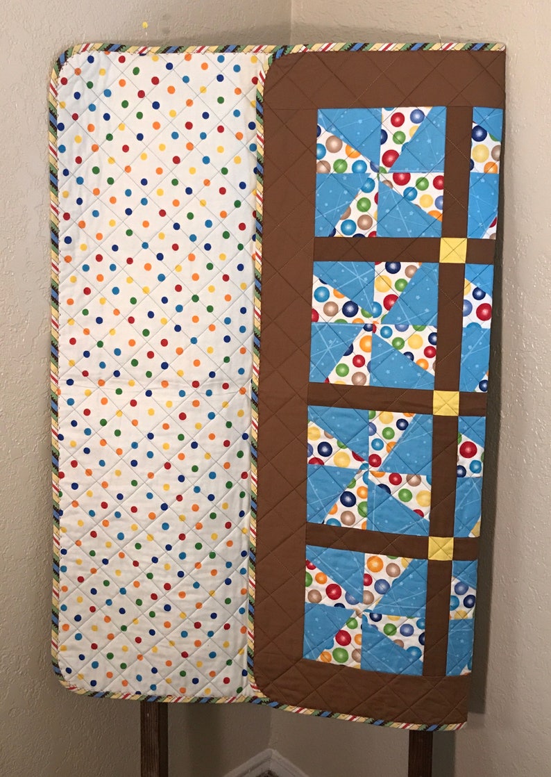 Primary Colored Polka Dots and Chocolate Brown Are Little Boy Perfect In This 41 X 41 Quilt PinwheelsWhirligigs