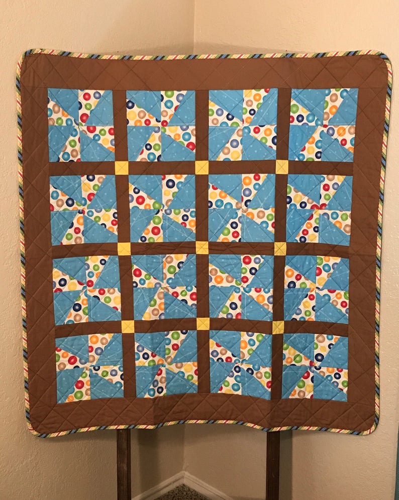 Primary Colored Polka Dots and Chocolate Brown Are Little Boy Perfect In This 41 X 41 Quilt PinwheelsWhirligigs