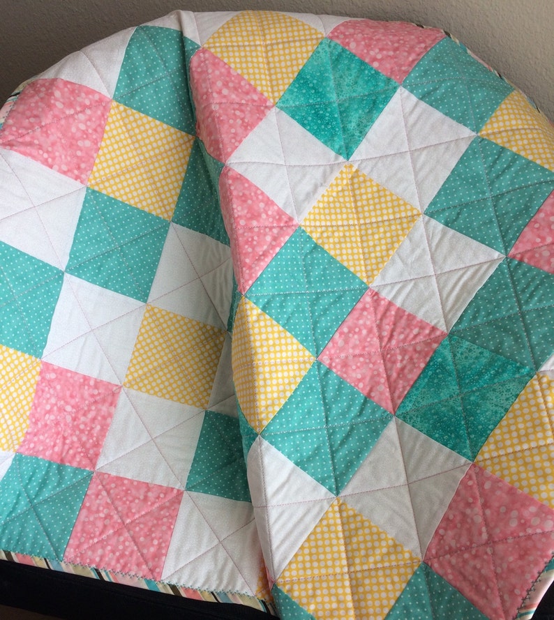 Yellow and White Pink It/'s a 36 X 36 Pastel Delight Quilt For Baby In Aqua
