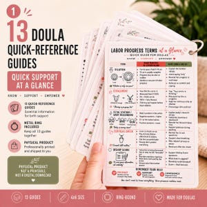 Peut inclure: Un ensemble de 13 guides de référence rapide pour doulas sur un anneau métallique. Les cartes présentent du texte imprimé et des schémas expliquant les termes du travail comme la dilatation, l'effacement et le score de Bishop, format 10x15 cm.