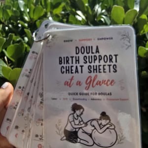May include: A set of laminated doula birth support cheat sheets held together by a metal ring. The cover card features the text "Doula Birth Support Cheat Sheets at a Glance" with an illustration of a person assisting another on a birth ball.