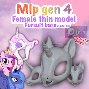 Puede incluir: Un archivo digital para una base de fursuit de modelo delgado femenino MLP gen 4 imprimible en 3D. La imagen muestra tres bases de cabeza de unicornio grises con cuernos y orejas, junto a ilustraciones de ponis y texto Mlp gen 4 y DIGITAL FILE ONLY.