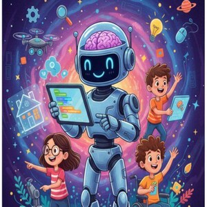 May include: A colorful illustration for a book titled "AI AND ROBOTICS." It features a large robot holding a tablet, surrounded by children and futuristic elements like drones and circuits. The text reads "10 missions for 10 year olds and their parents."