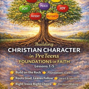 Op de afbeelding: Geïllustreerde afbeelding van een boom met appels met labels met karaktereigenschappen zoals 'Vriendelijkheid' en 'Vreugde'. De tekst luidt 'Building Christian Character in PreTeens' en geeft lesonderwerpen weer. De afbeelding heeft een luchtachtergrond.