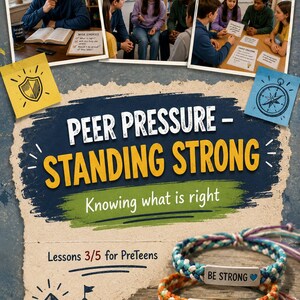 May include: A book cover with the title "Peer Pressure - Standing Strong" and the subtitle "Knowing what is right." The image features photos of teenagers and three braided bracelets, each with a message: "Be Strong," "Choose Wisely," and "Be Kind."