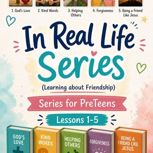 Pode incluir: Uma série de livros coloridos para pré-adolescentes, "In Real Life Series", focada na amizade. A imagem apresenta cinco capas de livros com títulos como "God's Love" e "Kind Words", com ilustrações e texto.