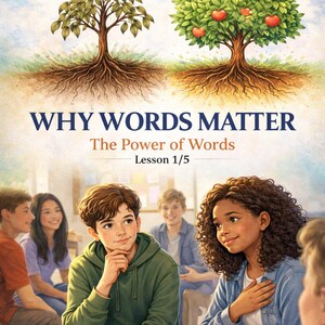 Könnte beinhalten: Buchcover-Illustration mit dem Titel "WHY WORDS MATTER" und dem Untertitel "The Power of Words". Das Bild zeigt zwei Bäume, einen mit Blättern und einen mit roten herzförmigen Früchten, sowie eine Gruppe verschiedener Kinder.