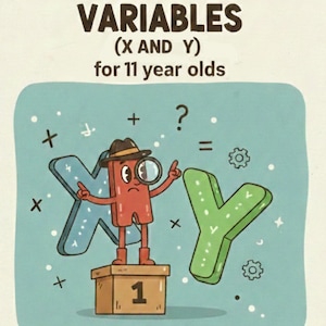 Puede incluir: Ilustración educativa titulada "Introducción a las variables (X e Y) para niños de 11 años." La imagen presenta personajes de dibujos animados que representan X e Y, con símbolos matemáticos y engranajes. La X es azul, la Y es verde y el personaje es rojo.