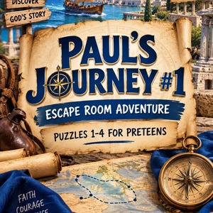 May include: A game box cover titled Paul's Journey #1 Escape Room Adventure Puzzles 1-4 for Preteens. The image features a map, a brass compass, a scroll, and a wooden signpost with text including Explore, Solve, Discover, God's Story.